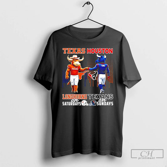 Classic Texas Longhorns On Saturdays Vs Houston Texans On Sundays Mascot Skyline T Shirts Sweater Hoodie, Sweatshirt