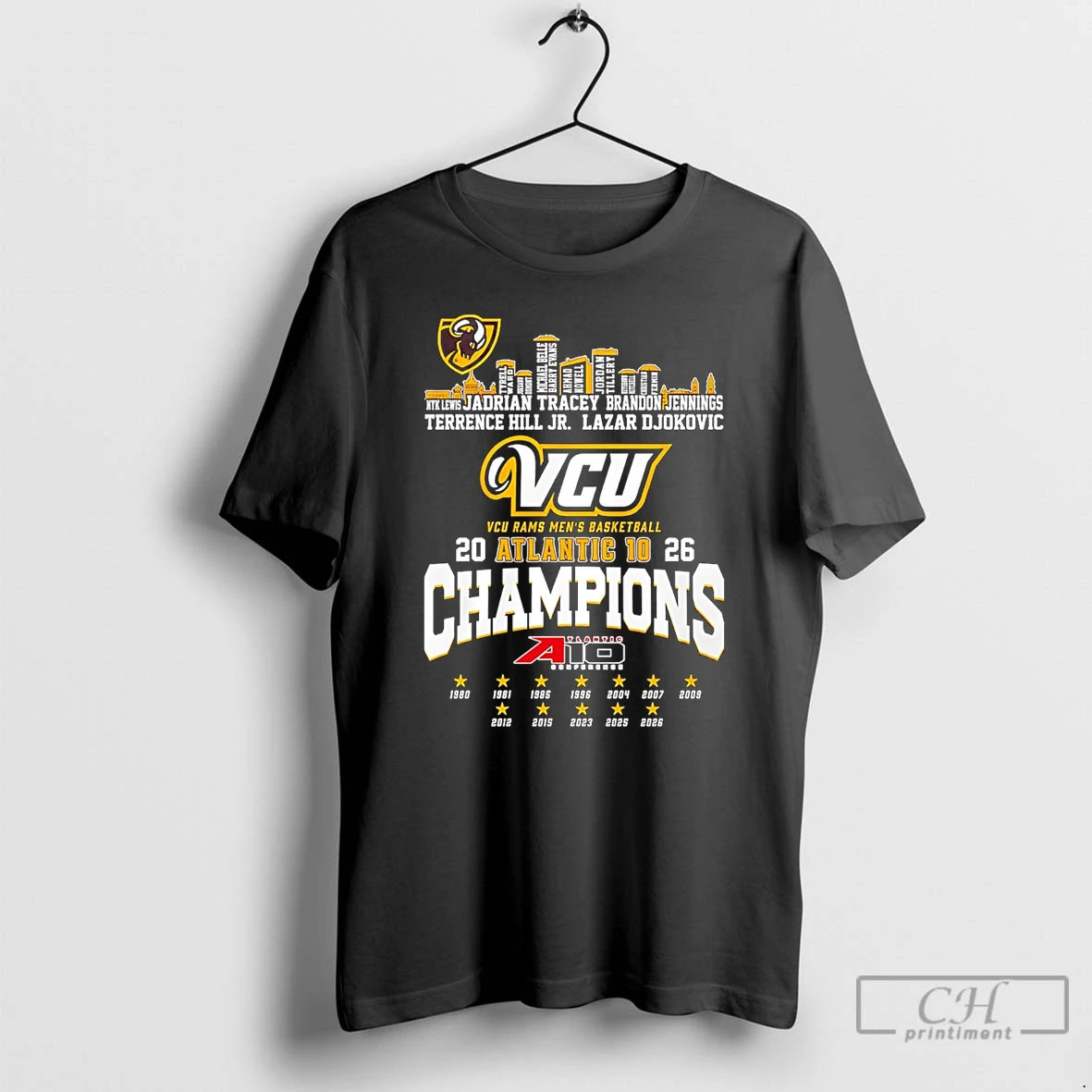 Classic Vcu Rams Mens Basketball Atlantic 10 Champions 2026 Player Name City Skyline T Shirts