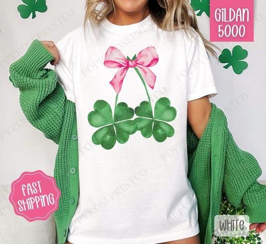 Clover Bow Shirt Gildan, St Patrick's Day Women's Tee, Cute Women's Tshirt Plus Sizes Hoodie, Sweatshirt | WearSparks.com