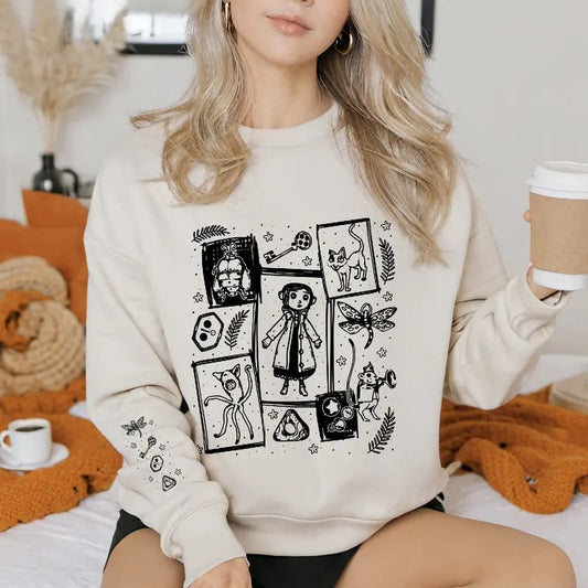 Co.rraline Doll Halloween Sweatshirt, Famous Spooky Movie Halloween Sweatshirt, Halloween Co.ralinee Sweatshirt, Spooky...