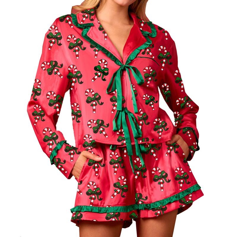 Women Christmas Pajamas Set 2 Pieces Loungewear Suits Candy Cane/Cocktail Glasses Print Shirts Tops and Shorts Sleepwear...