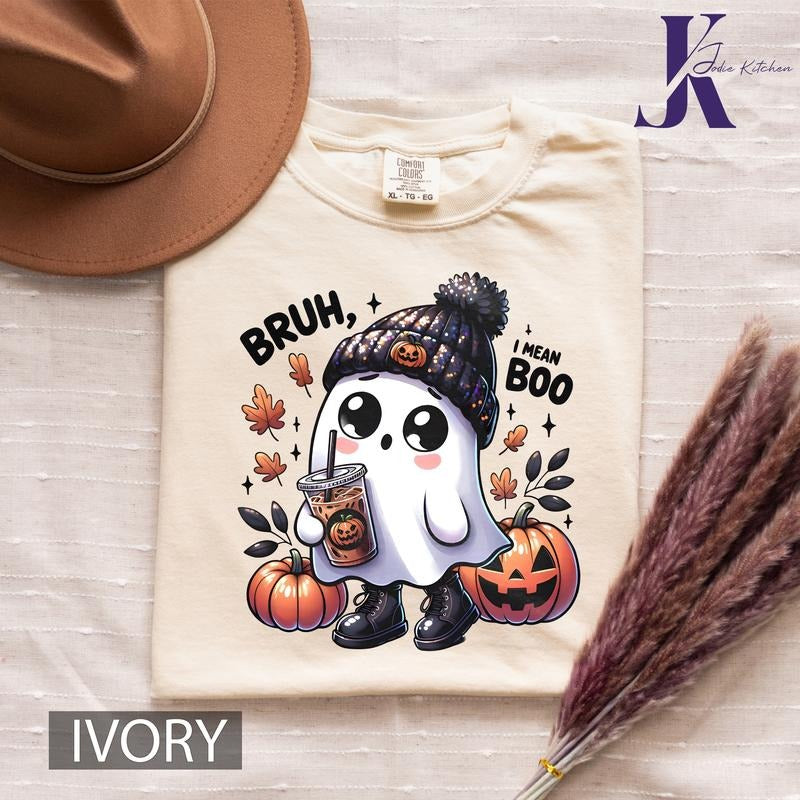 Coffee Drinking Ghost Halloween Shirt, Cute Ghost Shirt, Spooky Season Shirt, Cute Fall Shirt ,Womens Halloween T-Shirt...