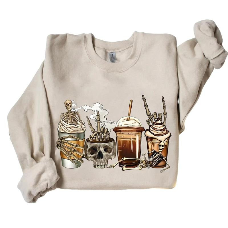 Coffee Skeleton Halloween Crewneck Sweatshirt Hoodie Tshirt, Halloween 2024 Gifts | WearSparks.com