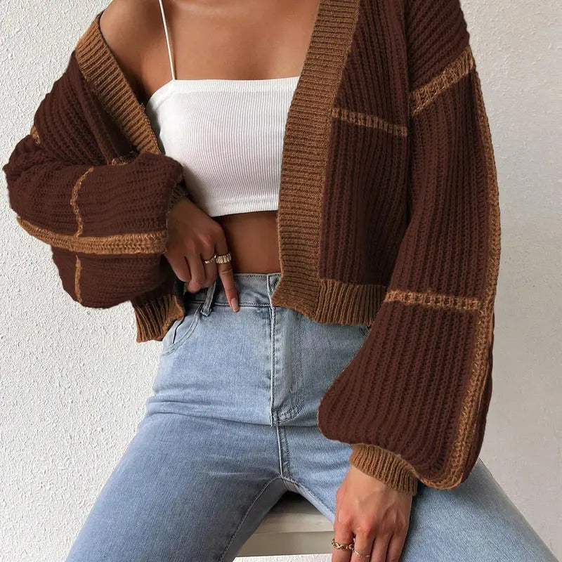Color Block Crop Cardigan Top Bishop Long Sleeve Open Front Sweater T-Shirts, Hoodie, Sweatshirt | WearSparks.com