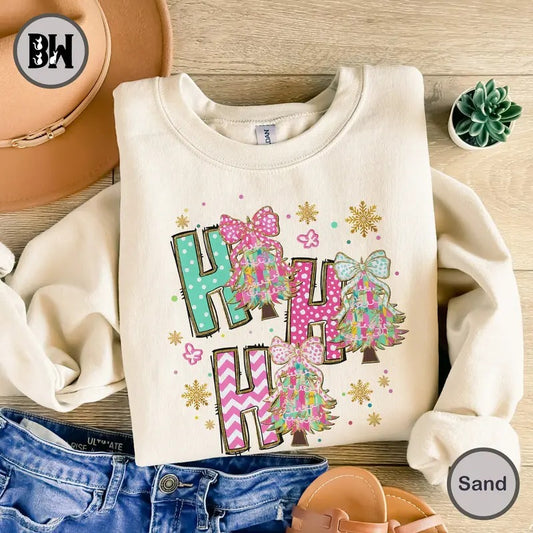 Colorful Coquette Glitter Christmas Tree Sweatshirt, Ho Ho Ho Christmas Tree Girly Sweatshirt , Bright Color Christmas...