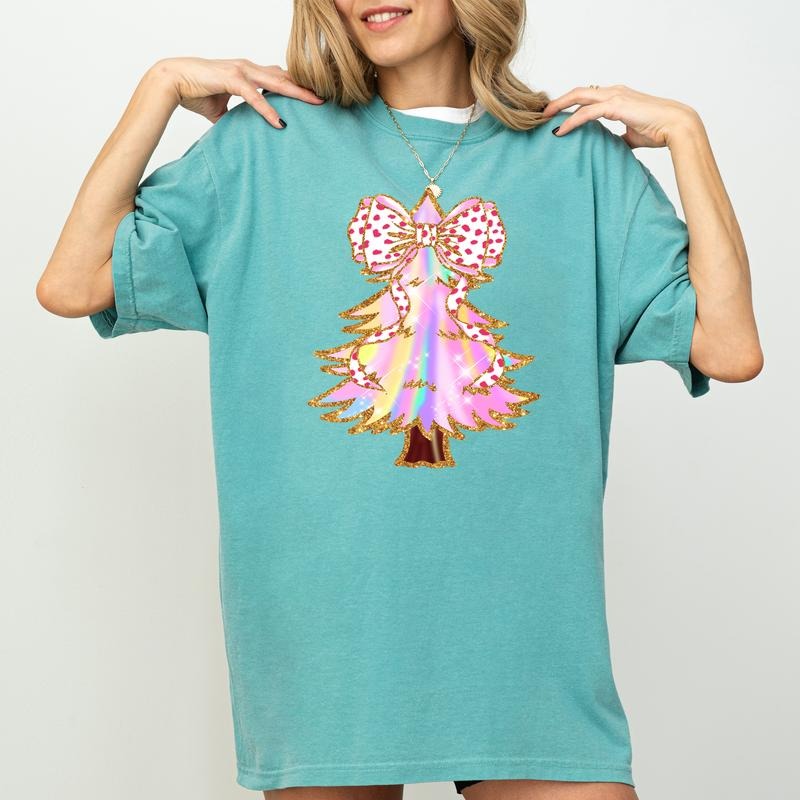 Colorful Iridescent Christmas Tree Shirt Comfort Colors, Leopard Coquette Bow Glitter Christmas Tree Tees, Retro Glitter...