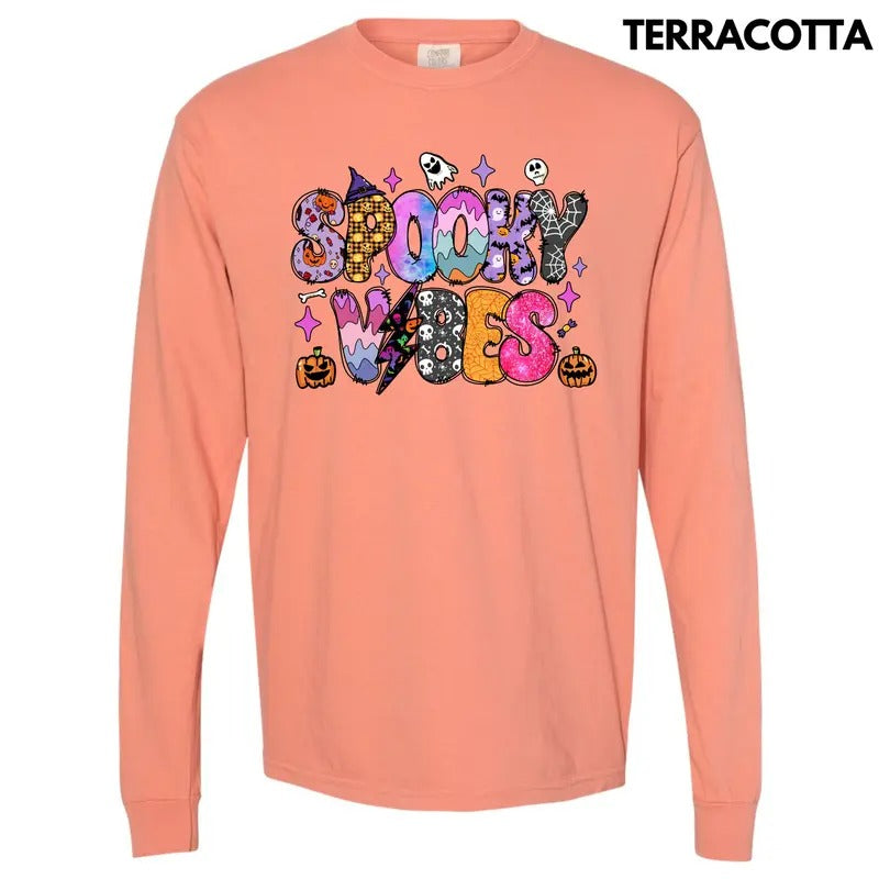 Colorful Spooky Vibes Long Sleeve Comfort Colors T-Shirt 'NLB' Hoodie, Sweatshirt | WearSparks.com