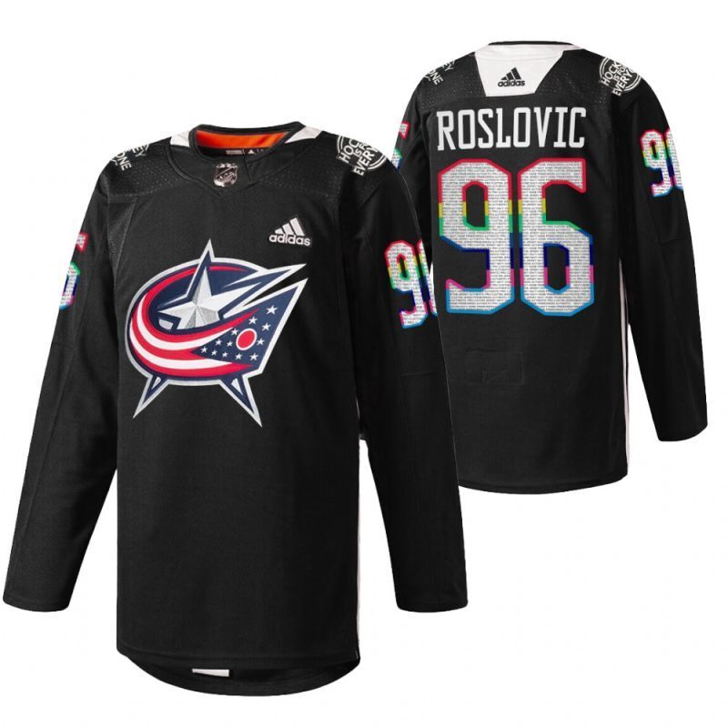 Columbus Blue Jackets #96 jack-roslovic-blue-hockeyisforeveryone-warmup-black-jersey