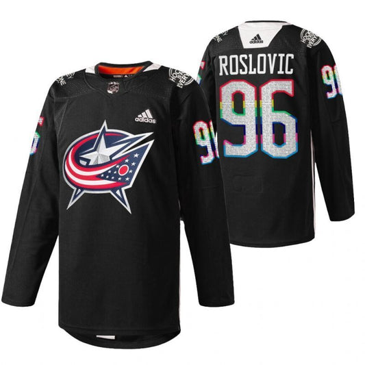 Columbus Blue Jackets #96 jack-roslovic-blue-hockeyisforeveryone-warmup-black-jersey