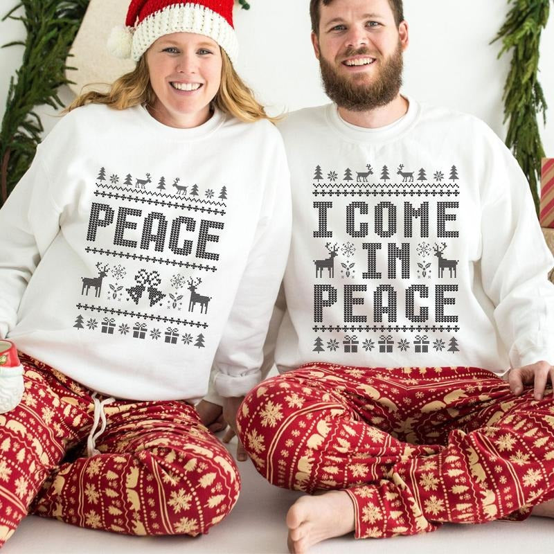 Come In Peace I'm Peace Sweatshirt, Retro Couples Matching Ugly Christmas Sweater, Funny Couples Xmas Ugly Tee, Long...
