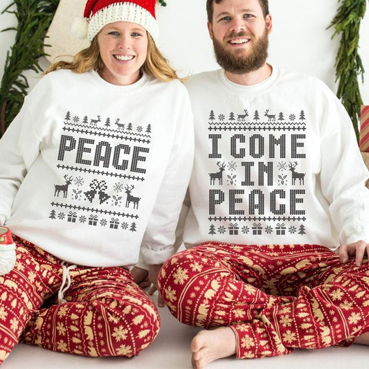 Come In Peace I'm Peace Sweatshirt, Retro Couples Matching Ugly Christmas Sweater, Funny Couples Xmas Ugly Tee, Long...