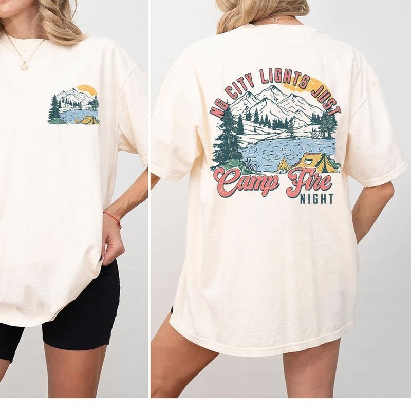 Comfort Camping Shirt, Retro Summer Camper Women T-Shirt, No City Lights Just Camp Fire Night Shirt, Summer Vacation...