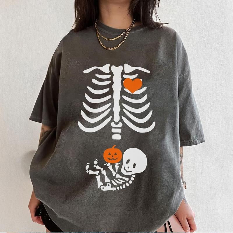 Comfort Color Skeleton Halloween Maternity T-Shirt, Funny Pregnancy Announcement 2025 TShirt, Spooky Pregnant Costume,...