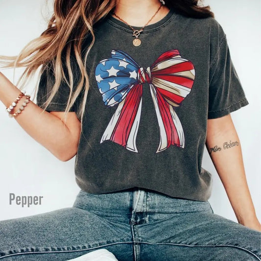 Comfort Colors 4th Of July Coquette Bow T-Shirt, Soft Cotton Crewneck for Men and Women, Unisex Casual Fitted Tee Hoodie,...