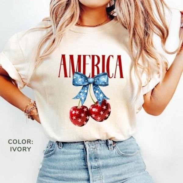 Comfort Colors America Cherries Tshirt, Cherry Bow Shirt, Trendy July 4th T shirt, 4th of july Woman Tees, Usa Flag Tee...