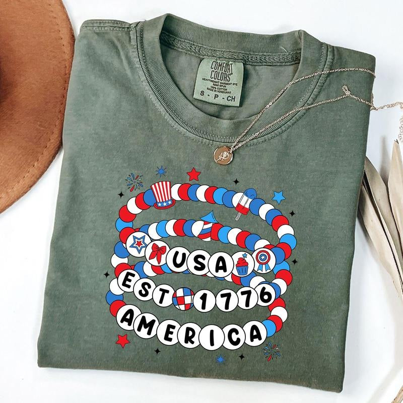 Comfort Colors America Friendship Bracelet Shirt, Preppy 4th of July USA T-Shirt, Girly 4th of July T-Shirt, Independence...