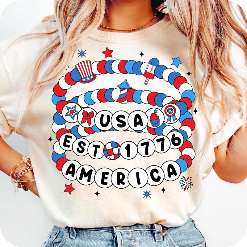Comfort Colors America Friendship Bracelet T-Shirt, Preppy 4th of July USA TShirt, Girly 4th of July Shirt, 1776 T-Shirt,...