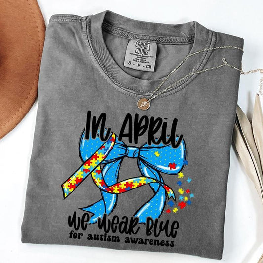 Comfort Colors Autism Awareness Bow Shirt, In April We Wear Blue Shirt, Special Education Shirt, Unisex T-Shirt Hoodie,...