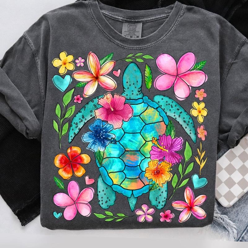 Comfort Colors Boho Floral Sea Turtle T-Shirt, Summer T-Shirt, Brushstroke Turtle Shirt, Beach TShirt, Turtle Shirt,...
