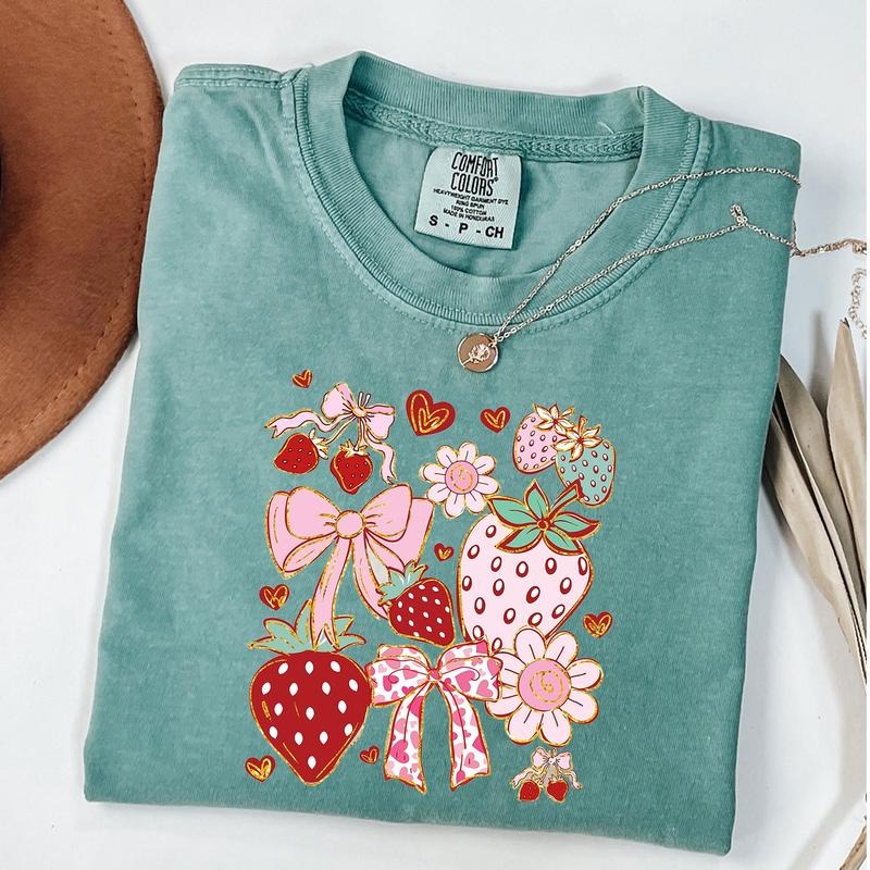 Comfort Colors Boho Strawberry Coquette Shirt, Preppy Strawberries Shirt, Strawberry Festival Shirt, Unisex T-Shirt...