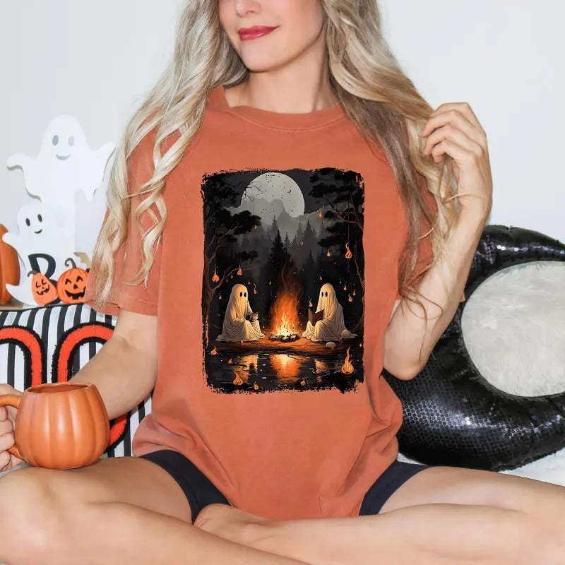 Comfort Colors Camping Halloween Ghost Reading Book Shirt, Halloween Costume, Spooky Season Shirt, Women Fall Tshirt,...