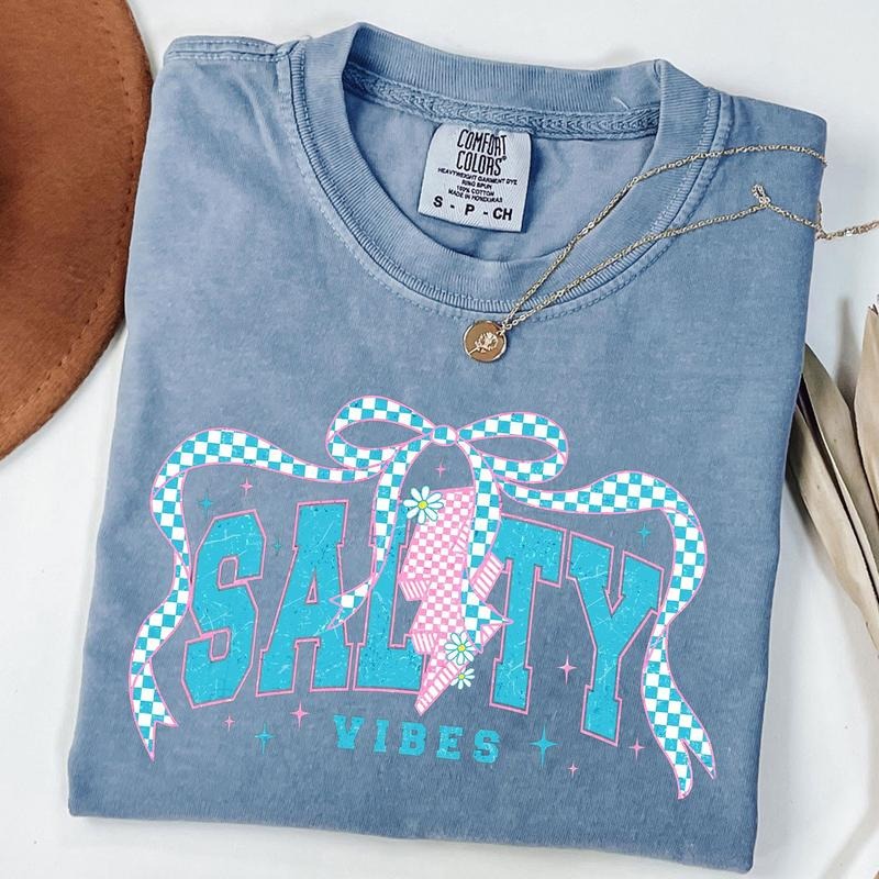 Comfort Colors Checkerboard Salty Summer Shirt, Salty Coquette Summer Bow Shirt, Summer Beach Vibes T-Shirt, Coquette...
