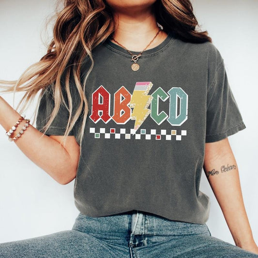 Comfort Colors Checkered ABCD Teacher Shirt, Kindergarten Teacher T-Shirt, Back To School T-Shirt, Elementary School...