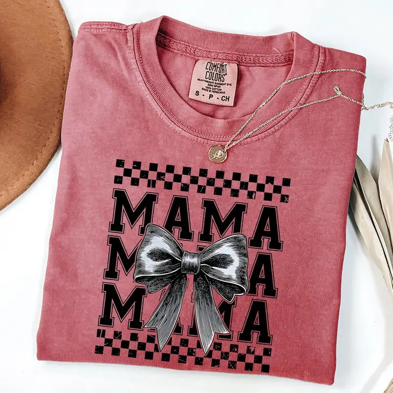Comfort Colors Checkered Coquette Bow Mama Shirt, Retro Mama T-Shirt, Mother's Day Gift, New Mom Gift Hoodie, Sweatshirt