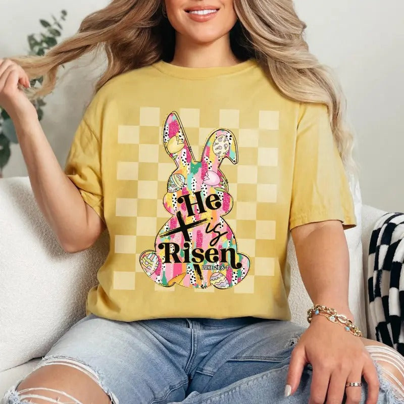 Comfort Colors Checkered Easter Bunny Shirt, Easter Egg Hunt Tee, He is Risen Shirt, Colorful Brushstroke Shirt Hoodie,...