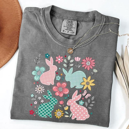 Comfort Colors Checkered Easter Bunny Shirt, Flower Bunny T-Shirt, Happy Easter Day Gift, Unisex T-Shirt Hoodie, Sweatshirt