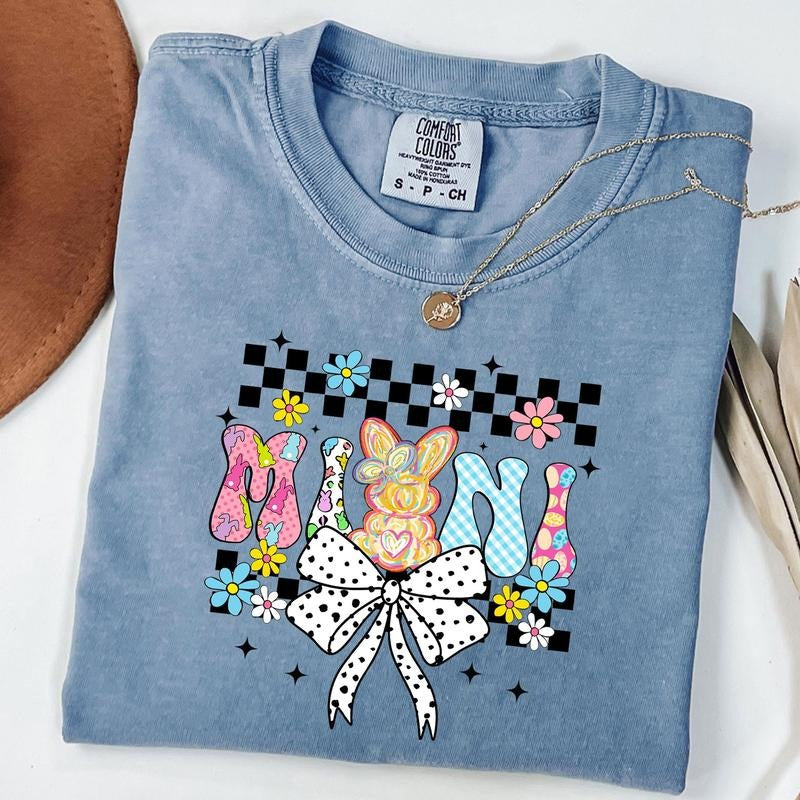 Comfort Colors Checkered Easter Mama Bunny Coquette Bow T-shirt, Easter Bow Shirt, Mama Bunny T-Shirt, Unisex T-Shirt...