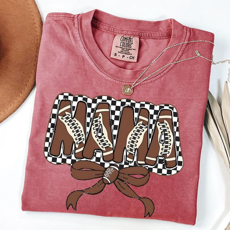 Comfort Colors Checkered Mama Coquette Shirt, Football Mama Bow Shirt, Gift For Football Lover Mom Shirt, Mothers Day...