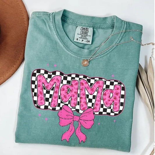 Comfort Colors Checkered Mama Coquette Shirt, Mama Pink Bow T-shirt, Gift for Mom, New Mom Gift Hoodie, Sweatshirt