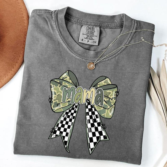 Comfort Colors Checkered Mama Shirt, Camo Coquette Bow Shirt, Mama Camo Tee, Mother's Day Gift Hoodie, Sweatshirt