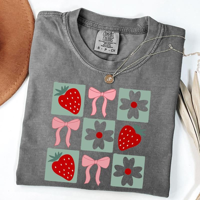 Comfort Colors Checkered Strawberries Coquette Shirt, Strawberry Tee, Strawberry Festival T-Shirt, Summer Vibes Shirt...