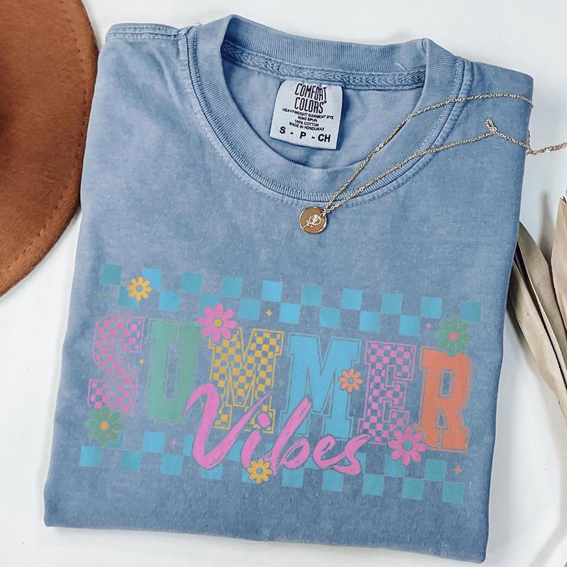 Comfort Colors Checkered Summer Shirt, Summer Vibes Tee, Retro Floral Summer T-Shirt, Beach Shirt Hoodie, Sweatshirt