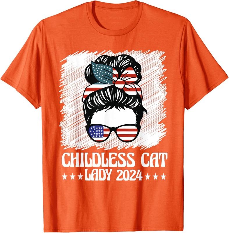 Comfort Colors Childless Cat Lady 2024 Groovy Messy Bun American Flag T-Shirt Hoodie, Sweatshirt | WearSparks.com