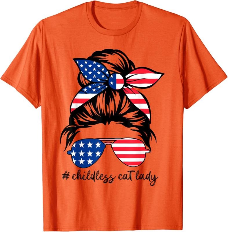 Comfort Colors Childless Cat Lady 2024 Messy Bun American Flag T-Shirt Hoodie, Sweatshirt | WearSparks.com