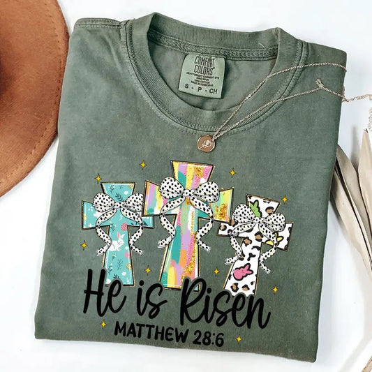 Comfort Colors Christian Easter Coquette Shirt, He is Risen Shirt, Religious Easter Cross T-Shirt, Bible Verse, Matthew...