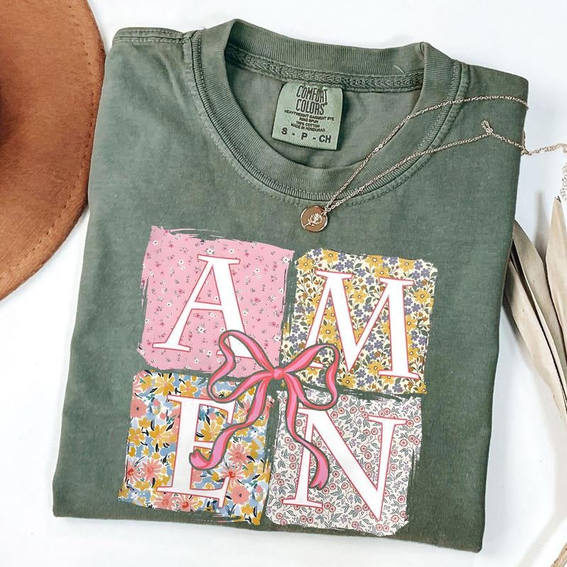 Comfort Colors Coquette Amen Bow Shirt, Floral Easter Christian Shirt, Floral Amen Tee, Christian T-Shirt, Bible Verse...