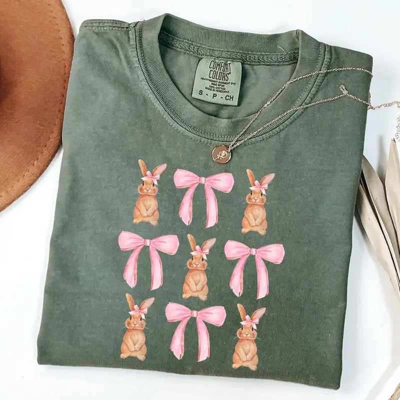 Comfort Colors Coquette Bunny T-Shirt, Bunny Bow Shirt, Easter Coquette Bow Shirt Hoodie, Sweatshirt | WearSparks.com