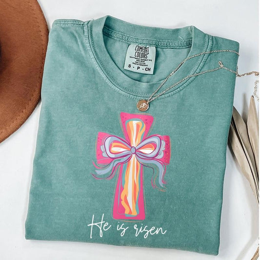 Comfort Colors Cross Easter Pink Brushstroke Shirt, He Is Risen Shirt, Cross Coquette Bow T-shirt, Girls Easter Tee,...