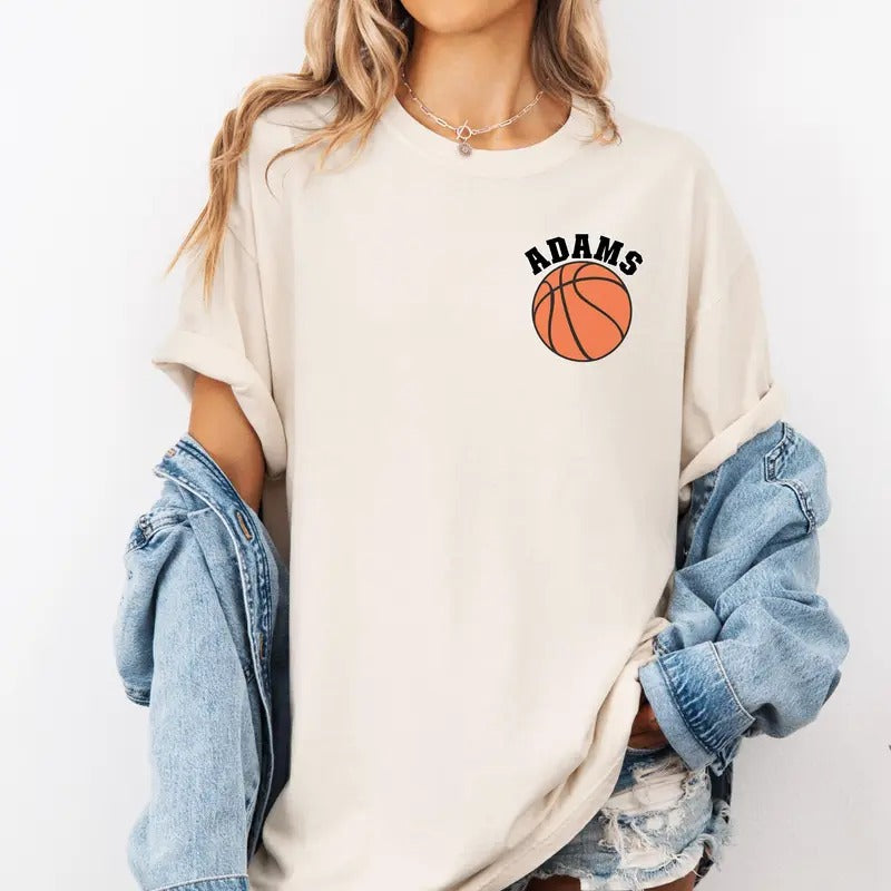 Comfort Colors Custom Name Basketball Pocket Shirt, Personalized Basketball Team Shirt, Basketball Fan Gift, Sports Mom...