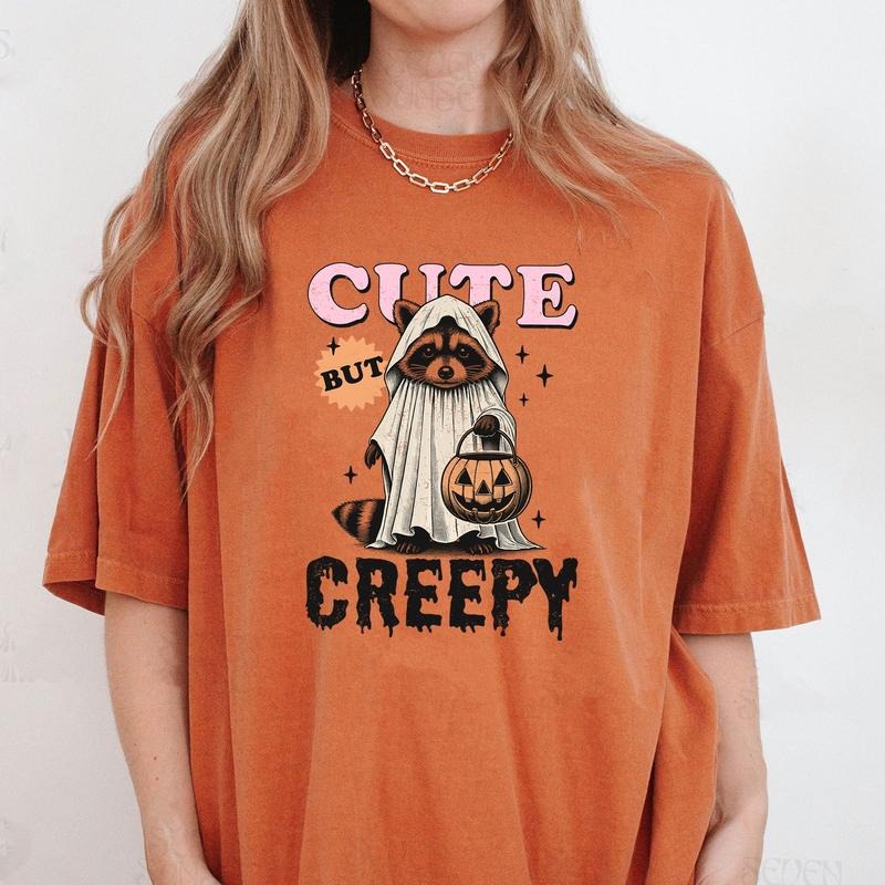 Comfort Colors Cute But Creepy Shirt, Halloween Raccoon T-Shirt, Raccoon Ghost T-Shirt, Funny Raccoon Shirt, Pumpkin...