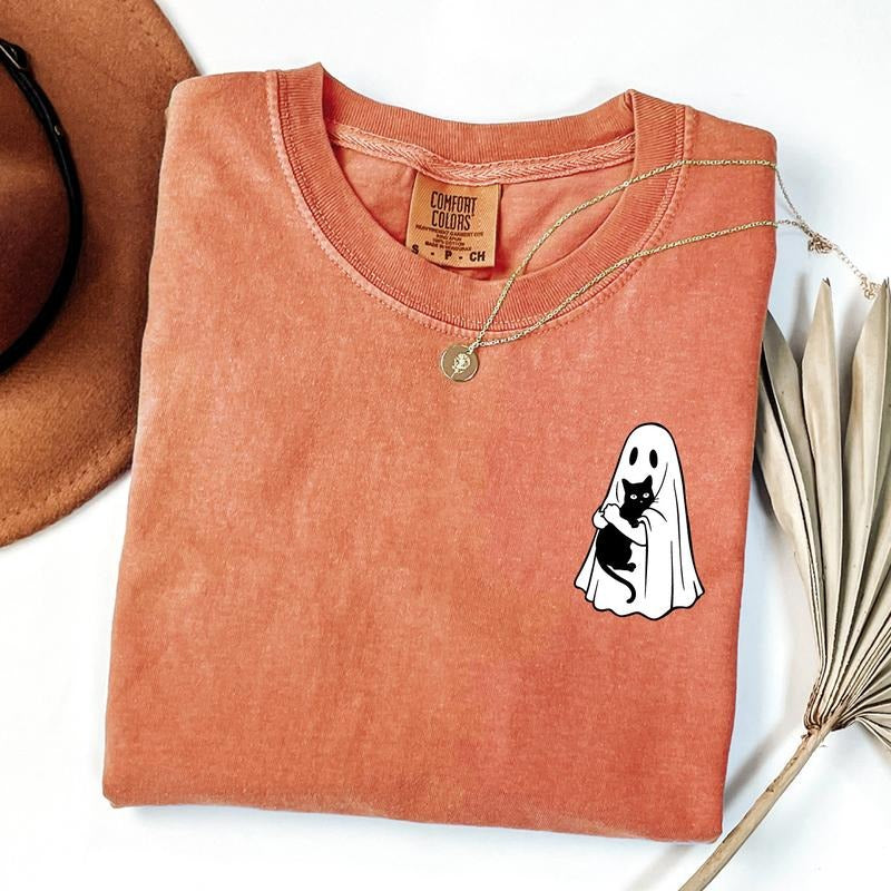 Comfort Colors Cute Ghost Black Cat Shirt, Cute Halloween Shirt, Gift For Halloween, Fall Shirt, Cat Lover Gift Hoodie,...