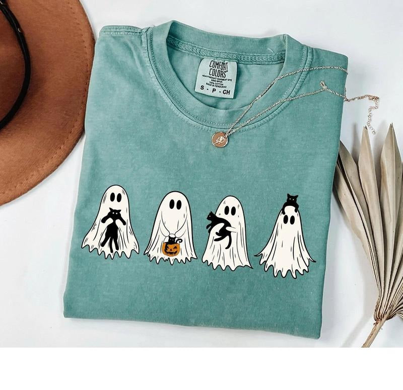 Comfort Colors Cute Ghost Black Cats Halloween Shirt, Ghost Cat Halloween Shirt, Spooky Season, Cat Lover Gift, Halloween...