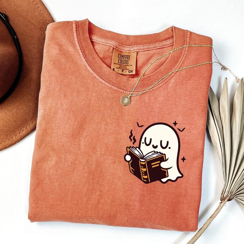 Comfort Colors Cute Ghost Reading Books Shirt, Books Lover Halloween Gift, Womens Halloween Shirt, Bookish Halloween...
