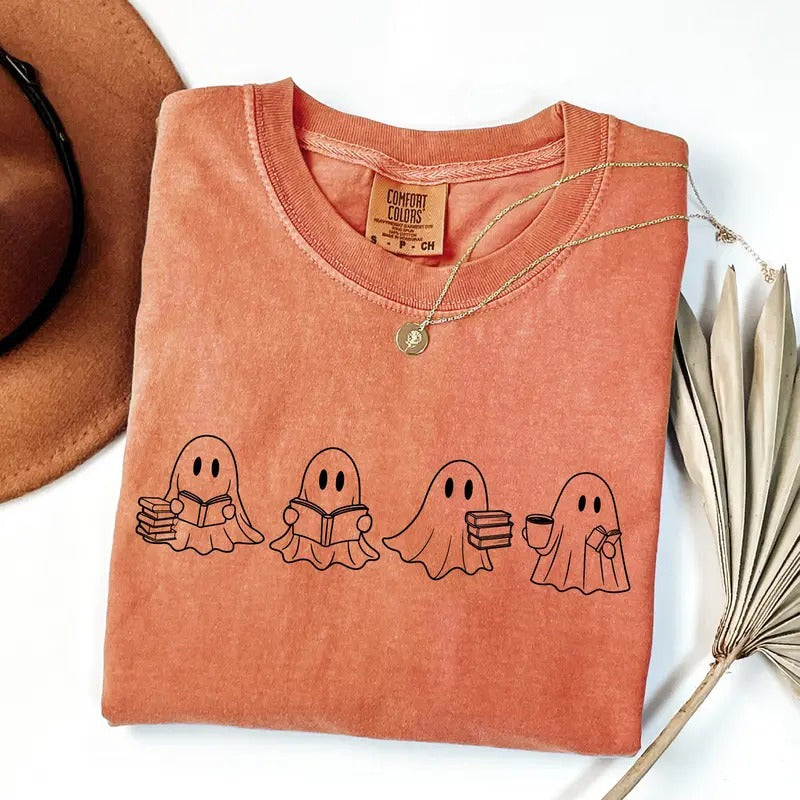 Comfort Colors Cute Ghost Reading Books Shirt, Women's Halloween Shirt, Books Lover Halloween Shirt, Bookish Halloween...