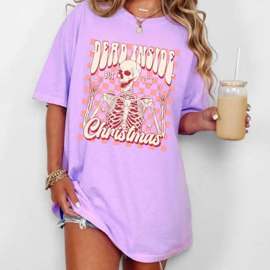 Comfort Colors Dead Inside But It's Christmas Women's Short Sleeve Casual Cotton Graphic Tshirt with Skeleton Design...