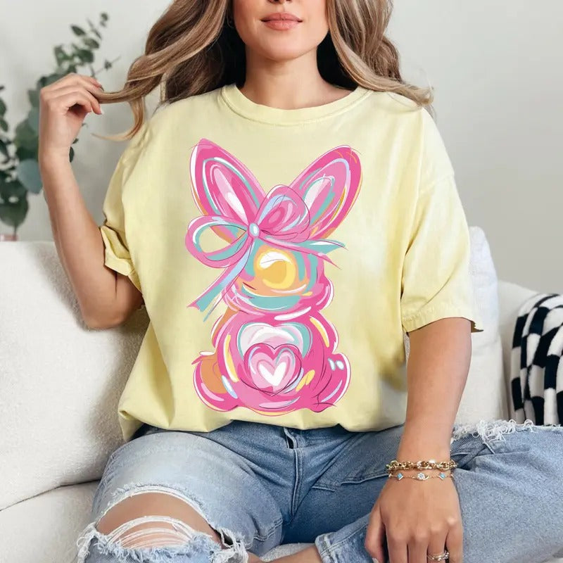 Comfort Colors Easter Bunny Shirt Coquette Easter Tee Colorful Brushstroke Happy Easter Shirt Rabbit Gift for Christian...